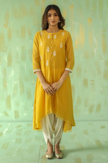 Pouli Pret Yellow , Chanderi, Lining Embroidered Kurta And Dhoti Pant Set Online at Aza Fashions Pouli Pret_Yellow , Chanderi, Lining Embroidered Kurta And Dhoti Pant Set _Online_at_Aza_Fashions
