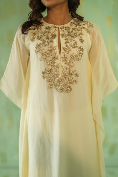 Buy_Pouli Pret_Off White Cotton Silk, Georgette Organza, Lining Embroidered Kaftan And Pant Set _Online_at_Aza_Fashions
