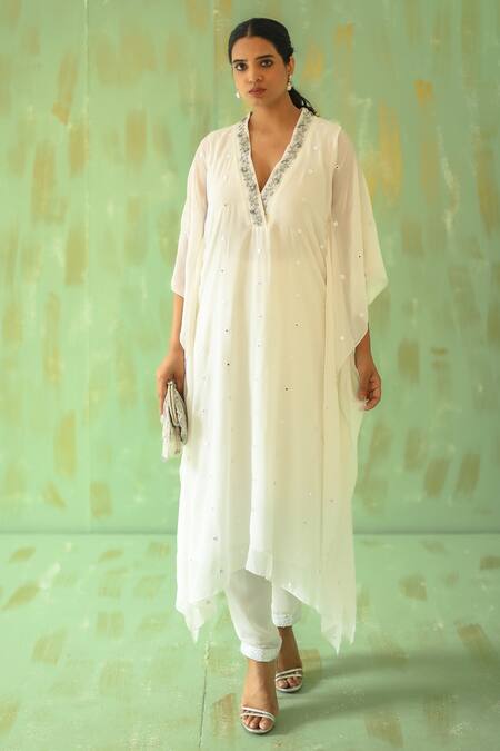 Pouli Pret Off White Georgette, Lining Shantoon Mirror, Embroidered Kaftan And Pant Set Online at Aza Fashions Pouli Pret_Off White Georgette, Lining Shantoon Mirror, Embroidered Kaftan And Pant Set _Online_at_Aza_Fashions