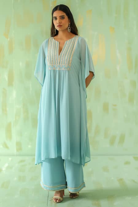 Pouli Pret_Blue Georgette, Lining Cotton Mirror, Zari Notched Neck Kaftan And Pant Set _Online_at_Aza_Fashions
