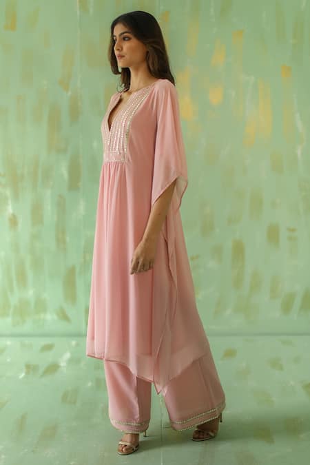 Pouli Pret_Pink Georgette, Lining Cotton Mirror, Zari Notched Neck Kaftan And Pant Set _Online_at_Aza_Fashions