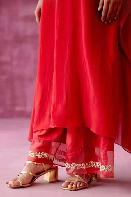 Shop_Pouli Pret_Red Cotton Silk, Georgette Organza, Lining Embroidered Kaftan And Pant Set _Online_at_Aza_Fashions