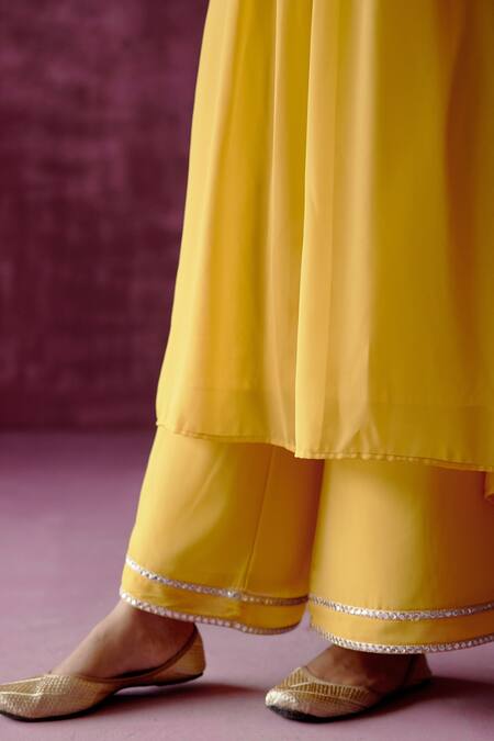 Shop_Pouli Pret_Yellow Georgette, Lining Cotton Mirror, Zari Notched Neck Kaftan And Pant Set _Online_at_Aza_Fashions