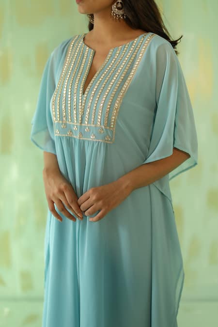 Buy_Pouli Pret_Blue Georgette, Lining Cotton Mirror, Zari Notched Neck Kaftan And Pant Set _Online_at_Aza_Fashions