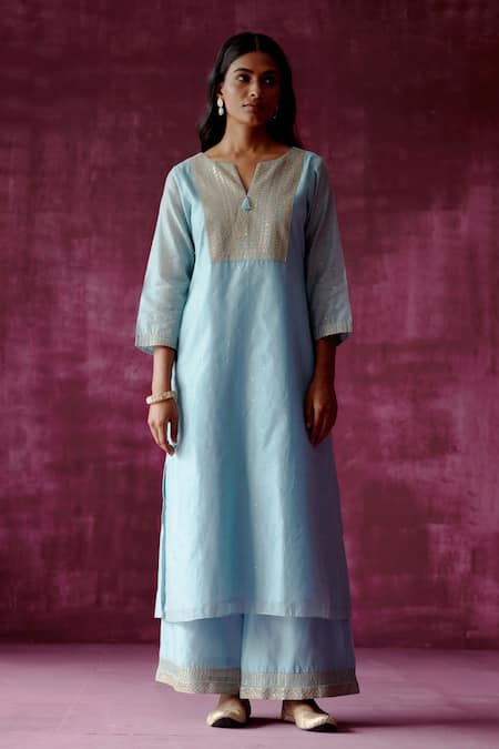 Pouli Pret_Blue Chanderi, Lining Cotton, Silk Kota Sequins, Embroidered Kurta Pant Set _Online_at_Aza_Fashions