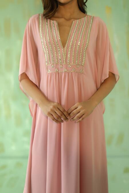 Buy_Pouli Pret_Pink Georgette, Lining Cotton Mirror, Zari Notched Neck Kaftan And Pant Set _Online_at_Aza_Fashions