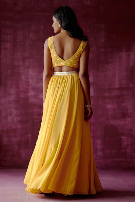 Shop_Pouli Pret_Yellow Organza, Georgette, Lining Shantoon Floral V Neck Gathered Lehenga Set _at_Aza_Fashions