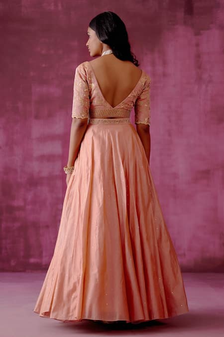 Shop_Pouli Pret_Pink Organza, Chanderi, Lining Shantoon Floral, Sequin Embroidered Lehenga Set _at_Aza_Fashions