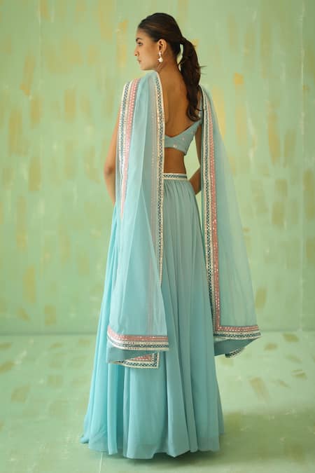 Shop Pouli Pret Blue Organza, Georgette, Lining Shantoon Floral V Neck Gathered Lehenga Set at Aza Fashions Shop_Pouli Pret_Blue Organza, Georgette, Lining Shantoon Floral V Neck Gathered Lehenga Set _at_Aza_Fashions