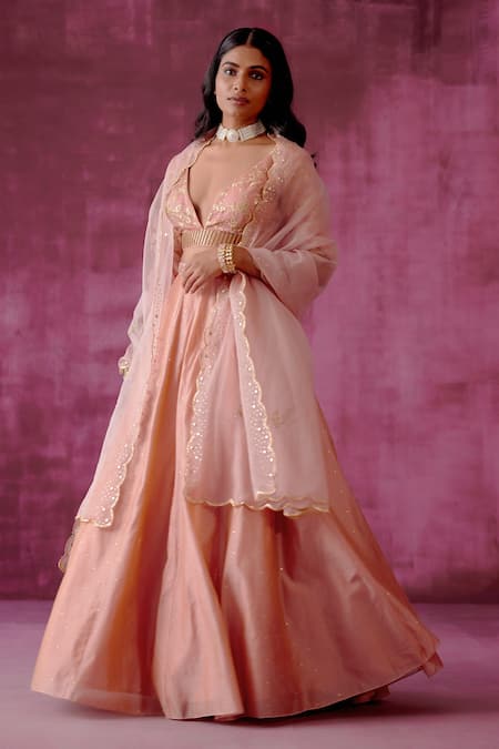 Pouli Pret_Pink Organza, Chanderi, Lining Shantoon Floral, Sequin Embroidered Lehenga Set _Online_at_Aza_Fashions