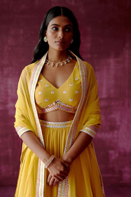 Shop_Pouli Pret_Yellow Organza, Georgette, Lining Shantoon Floral V Neck Gathered Lehenga Set _Online_at_Aza_Fashions