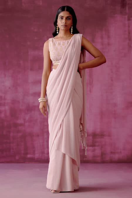 Pouli Pret Pre-Draped Saree With Embroidered Blouse 
