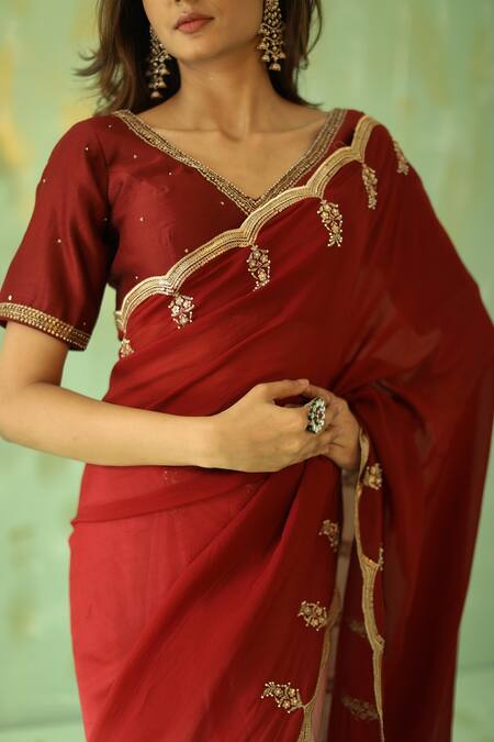 Pouli Pret_Red Georgette Organza Embroidery Sequin Ombre Saree _Online_at_Aza_Fashions