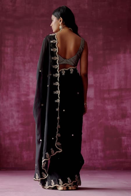 Shop_Pouli Pret_Black Georgette Organza, Handwoven Chanderi Pearl, Sequin, Scallop Border Saree _at_Aza_Fashions