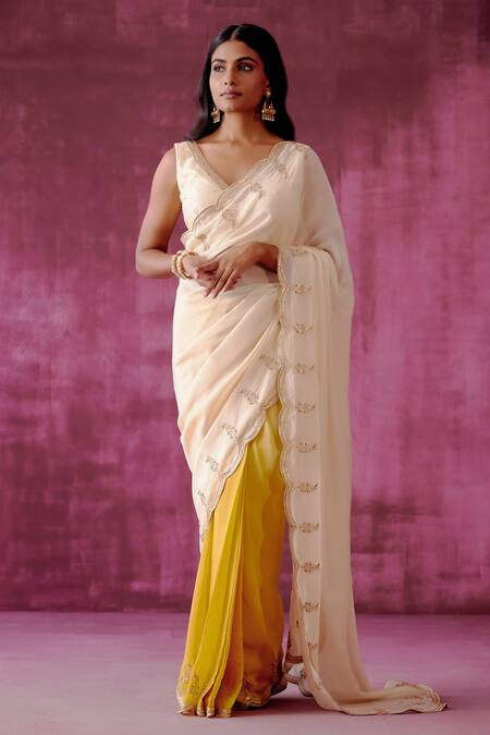 Buy_Pouli Pret_Off White Georgette Organza Embroidery Sequin Ombre Saree _Online_at_Aza_Fashions