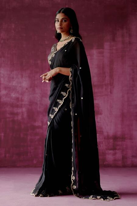 Pouli Pret_Black Georgette Organza, Handwoven Chanderi Pearl, Sequin, Scallop Border Saree _Online_at_Aza_Fashions