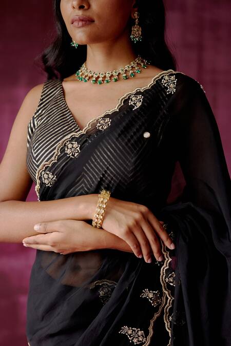 Buy_Pouli Pret_Black Georgette Organza, Handwoven Chanderi Pearl, Sequin, Scallop Border Saree _Online_at_Aza_Fashions