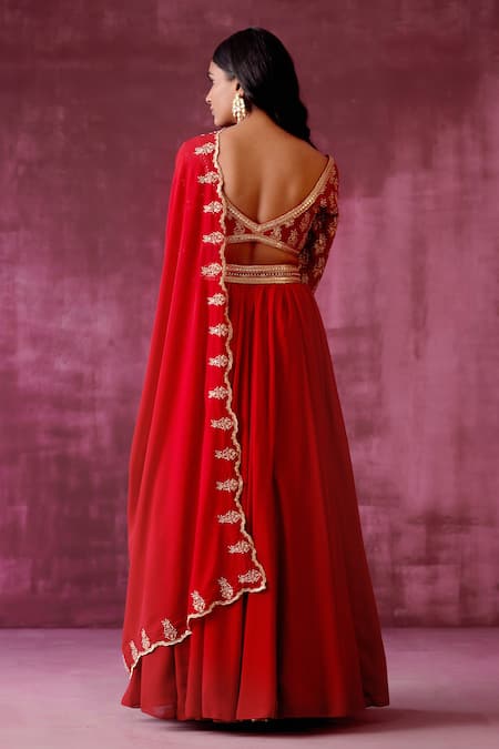 Shop_Pouli Pret_Red Georgette, Lining Shantoon Mirror, Lehenga Set With Embroidered Blouse _at_Aza_Fashions
