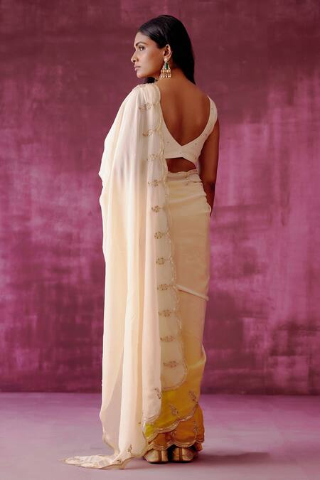 Shop_Pouli Pret_Off White Georgette Organza Embroidery Sequin Ombre Saree _at_Aza_Fashions