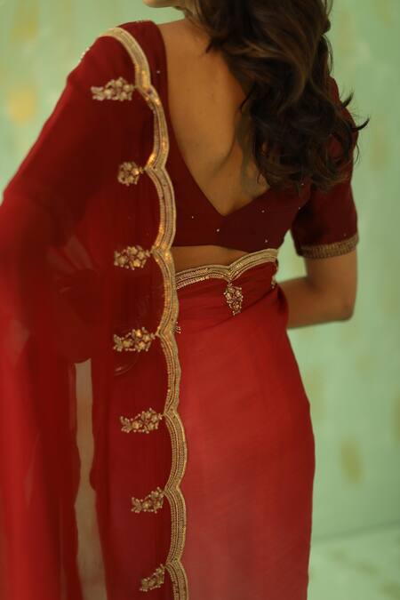 Shop_Pouli Pret_Red Georgette Organza Embroidery Sequin Ombre Saree _at_Aza_Fashions