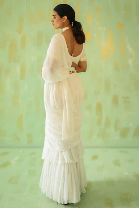 Shop_Pouli Pret_Off White Georgette, Lining Shantoon Mirror Tiered Pre-draped Saree With Blouse _at_Aza_Fashions