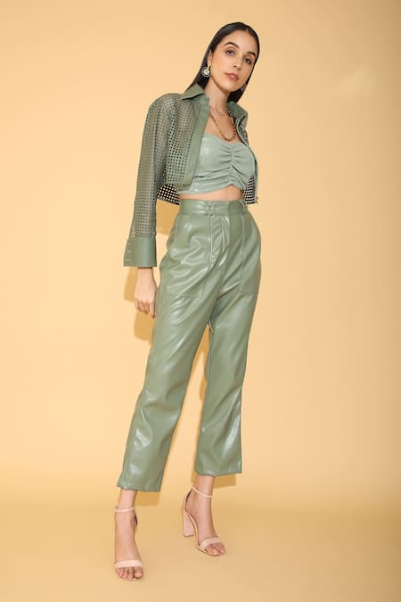Torqadorn_Green Faux Leather High Waisted Pant _Online_at_Aza_Fashions