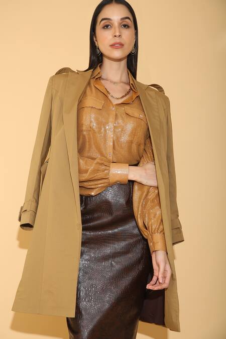 Buy_Torqadorn_Gold Georgette Embroidered Sequin Work Straight Collar Shirt_Online_at_Aza_Fashions