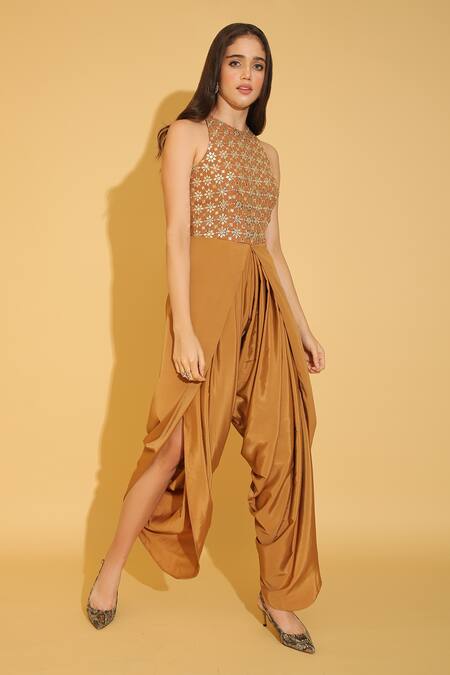 Torqadorn_Brown Crepe Sequin , Thread High Neck Embroidered Dhoti Jumpsuit_Online_at_Aza_Fashions