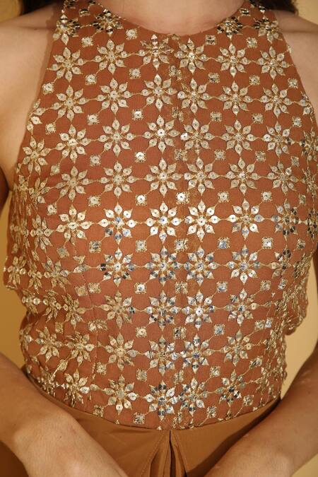 Buy_Torqadorn_Brown Crepe Sequin , Thread High Neck Embroidered Dhoti Jumpsuit_Online_at_Aza_Fashions