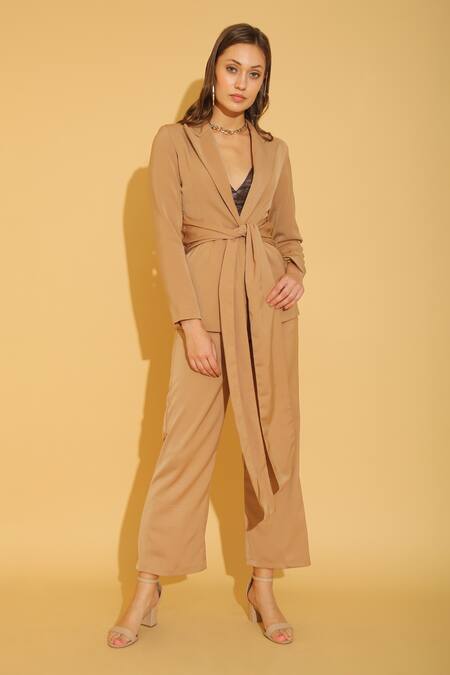 Shop_Torqadorn_Beige Crepe Shawl Collar Tie Up Blazer_at_Aza_Fashions