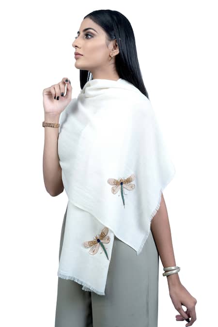 Taroob_White Hand Embroidered Cashmere Dragonfly Scarf_Online_at_Aza_Fashions