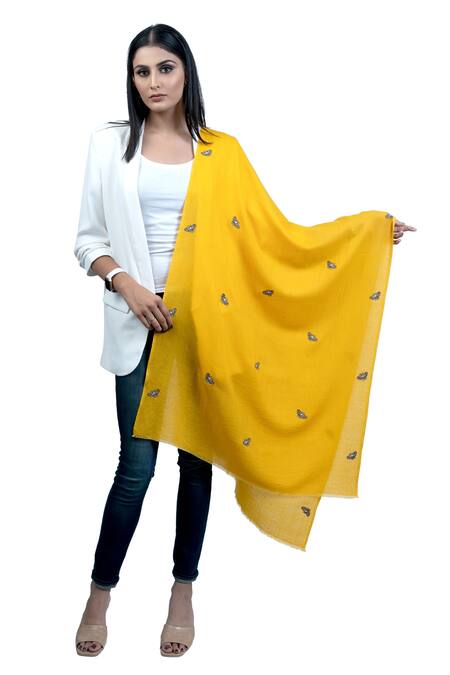 Taroob_Yellow Hand Embroidered Cashmere Bees Scarf_Online_at_Aza_Fashions