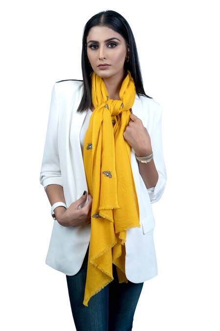 Shop_Taroob_Yellow Hand Embroidered Cashmere Bees Scarf_Online_at_Aza_Fashions