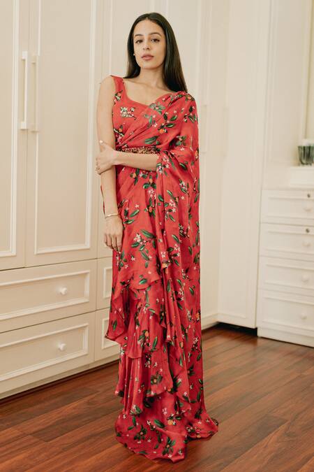 Prints by Radhika Red Satin Georgette Pre-draped Ruffle Saree With Belt