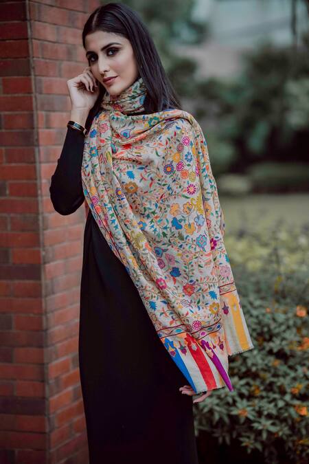 Shop Taroob Wool Embroidered Kalamkari Kashmiri Shawl at Aza Fashions Shop_Taroob_Wool Embroidered Kalamkari Kashmiri Shawl_at_Aza_Fashions