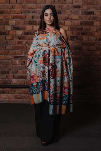 Taroob_Wool Embroidered Kalamkari Kashmiri Shawl_Online_at_Aza_Fashions