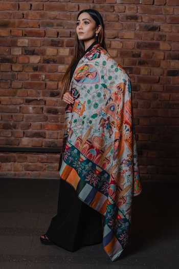 Buy_Taroob_Wool Embroidered Kalamkari Kashmiri Shawl_Online_at_Aza_Fashions