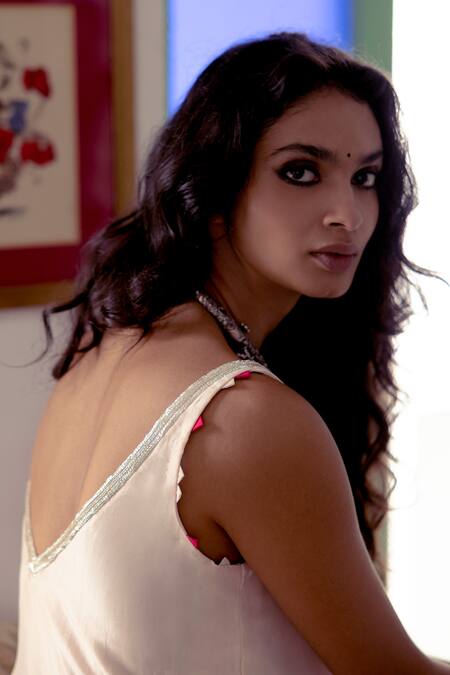 Shop_Sitaraa_Fuchsia Organza, Habutai Silk Beads V Neck Tala Kurta Set_Online_at_Aza_Fashions