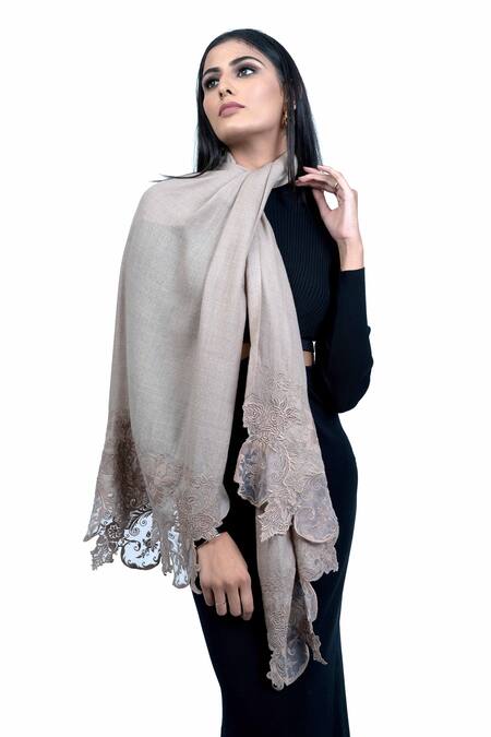 Shop Taroob Beige Hand Embroidered Cashmere Lace Border Scarf at Aza Fashions Shop_Taroob_Beige Hand Embroidered Cashmere Lace Border Scarf_at_Aza_Fashions