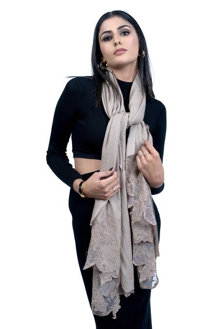 Taroob Beige Hand Embroidered Cashmere Lace Border Scarf Online at Aza Fashions Taroob_Beige Hand Embroidered Cashmere Lace Border Scarf_Online_at_Aza_Fashions