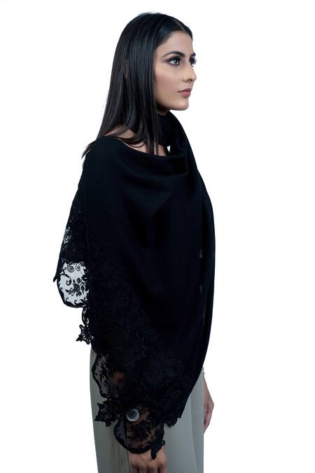 Shop Taroob Black Hand Embroidered Cashmere Lace Border Scarf at Aza Fashions Shop_Taroob_Black Hand Embroidered Cashmere Lace Border Scarf_at_Aza_Fashions