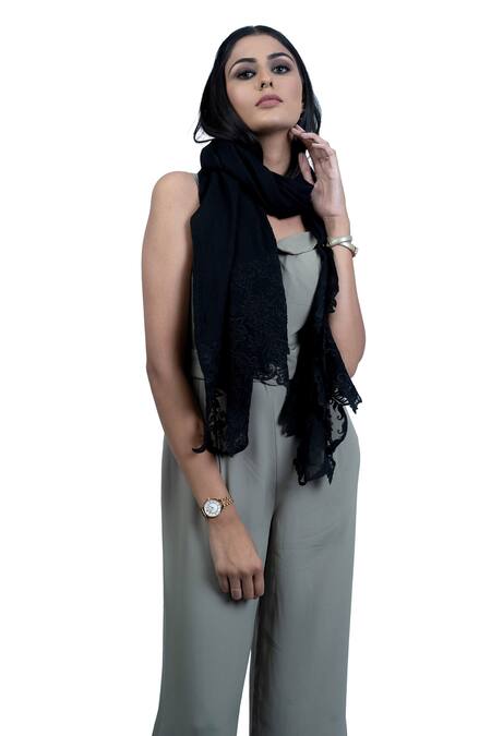 Taroob Black Hand Embroidered Cashmere Lace Border Scarf Online at Aza Fashions Taroob_Black Hand Embroidered Cashmere Lace Border Scarf_Online_at_Aza_Fashions