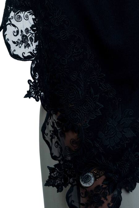 Shop Taroob Black Hand Embroidered Cashmere Lace Border Scarf Online at Aza Fashions Shop_Taroob_Black Hand Embroidered Cashmere Lace Border Scarf_Online_at_Aza_Fashions