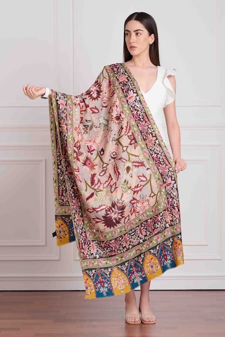 Taroob Wool Pashmina Embroidered Kalamkari Stole 