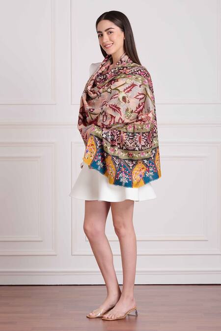 Taroob_Wool Pashmina Embroidered Kalamkari Stole_Online_at_Aza_Fashions