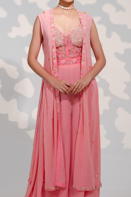 Tamaraa By Tahani Pink Georgette, Tulle Sequins, Beads, Hand Corset Blouse Flared Hem Pant Set at Aza Fashions Tamaraa By Tahani_Pink Georgette, Tulle Sequins, Beads, Hand Corset Blouse Flared Hem Pant Set _at_Aza_Fashions