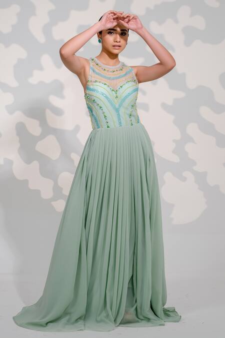 Buy_Tamaraa By Tahani_Green Georgette, Tulle Sequins, Crystals, Beads Round Embroidered Pleated Gown _Online_at_Aza_Fashions