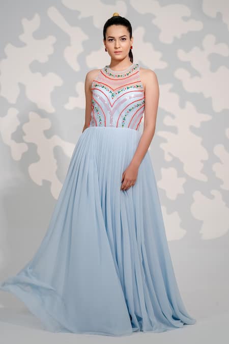Buy_Tamaraa By Tahani_Blue Tulle, Georgette Sequins, Crystals, Beads Round Embroidered Pleated Gown _Online_at_Aza_Fashions