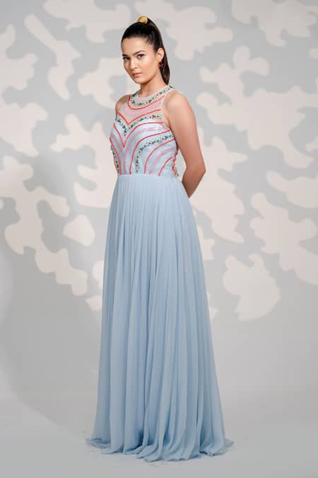 Shop_Tamaraa By Tahani_Blue Tulle, Georgette Sequins, Crystals, Beads Round Embroidered Pleated Gown _Online_at_Aza_Fashions