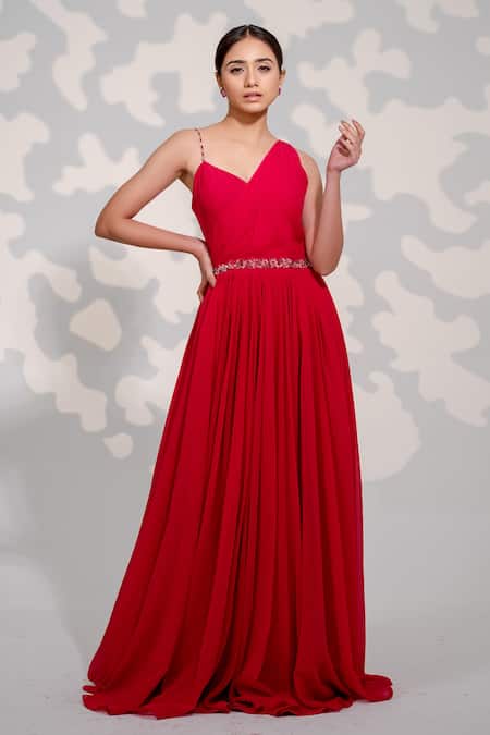 Buy_Tamaraa By Tahani_Pink Georgette Crystals Asymmetric One Shoulder Drape Pleated Gown _Online_at_Aza_Fashions